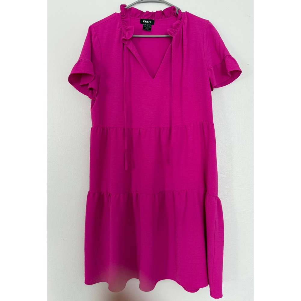 DKNY Women's‎ Pink Ruffle Neck Tiered Dress Short Sleeve Casual Size 10